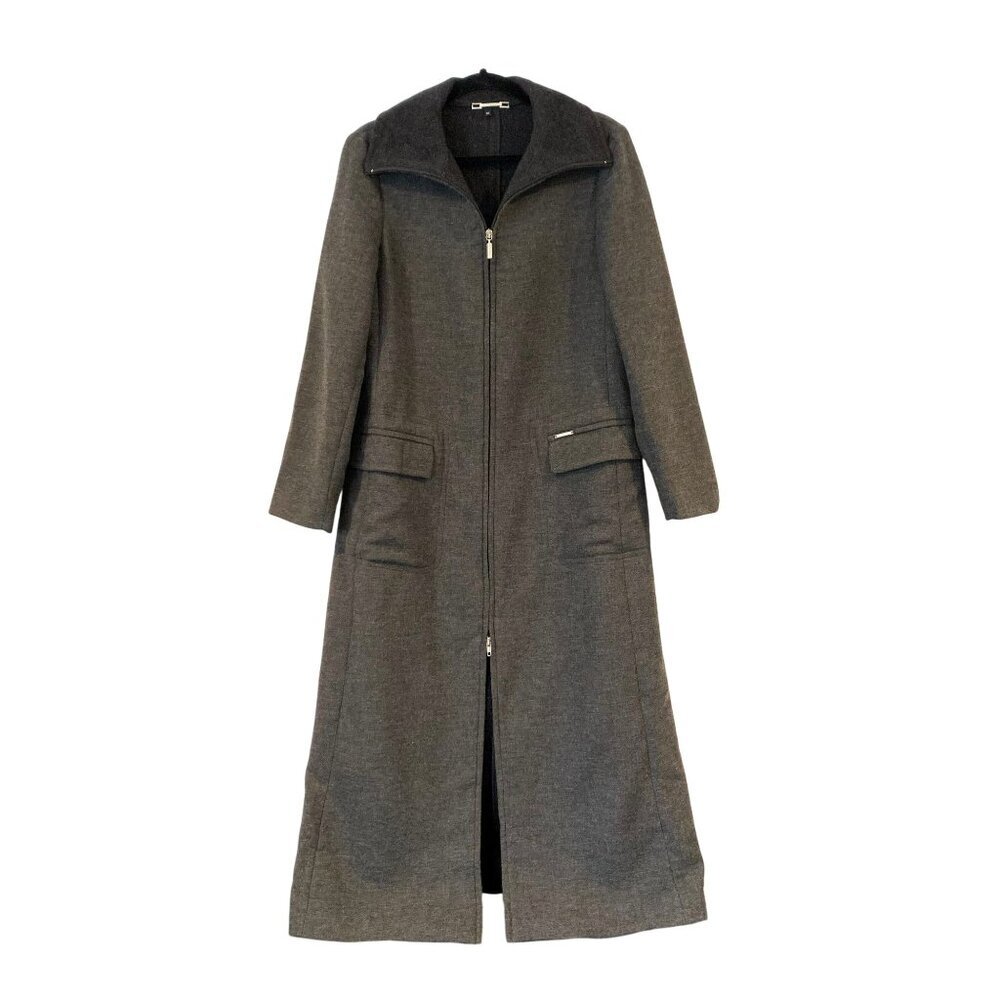 Trussardi S Longline Full Length Zip Gray Wool Coat Pockets Funnel Collar Y2K